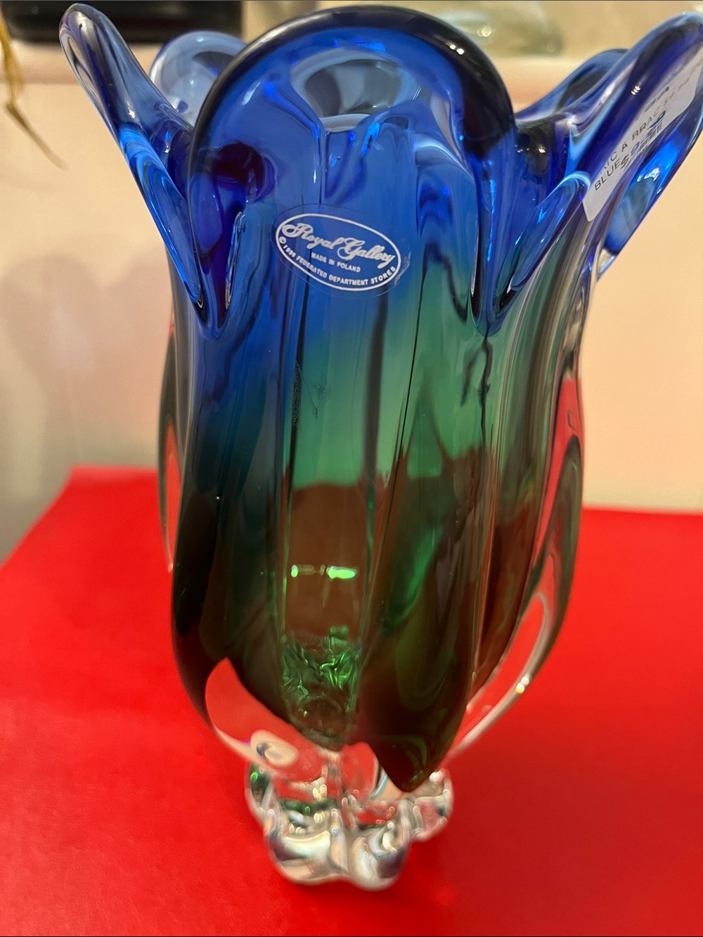 Royal Gallery Tulip Art Glass 10”Vase Blue Green Heavy Made in Poland Vintage